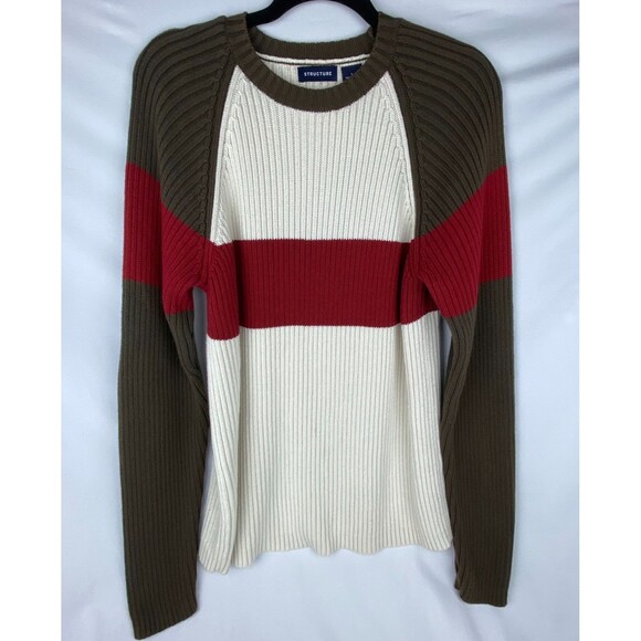 Vintage STRUCTURE Sweater Mens L Olive Green Maroon Cream 100% Cotton Ribbed - Picture 1 of 11